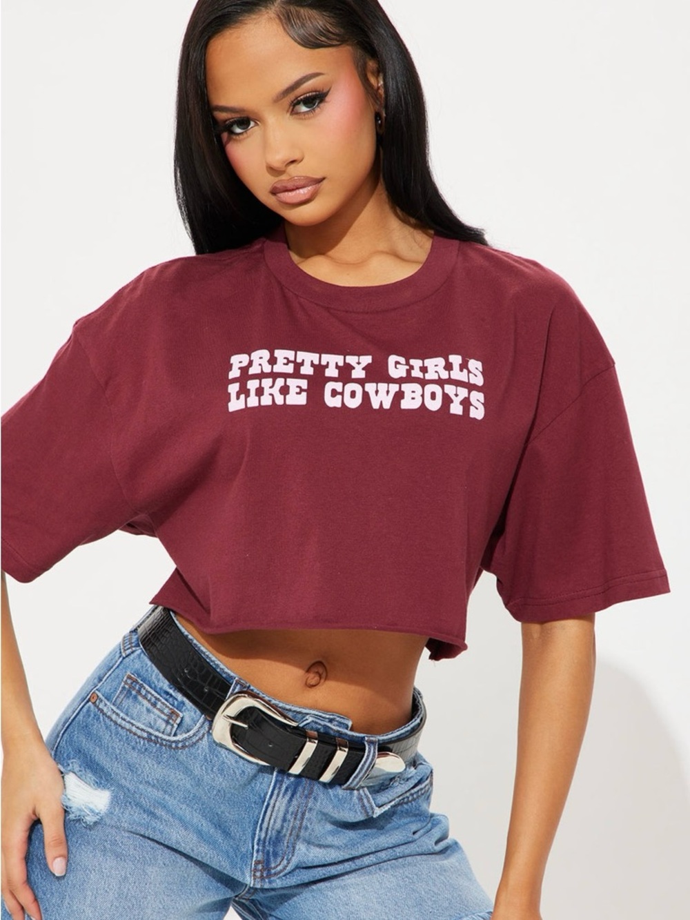 Fashion Nova Maroon Cropped Graphic Tee - "Pretty Girls Like Cowboys"